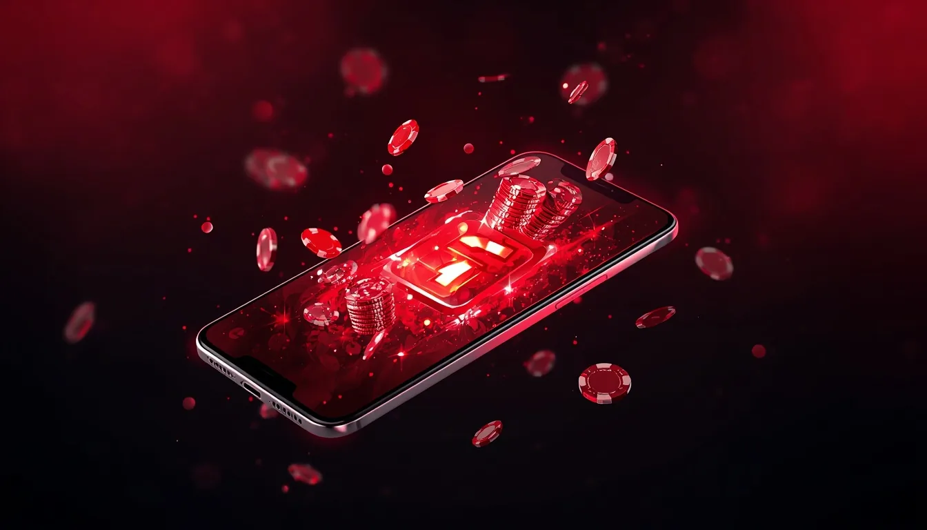 App móvil Caliente — smartphone con fichas y cartas estallando