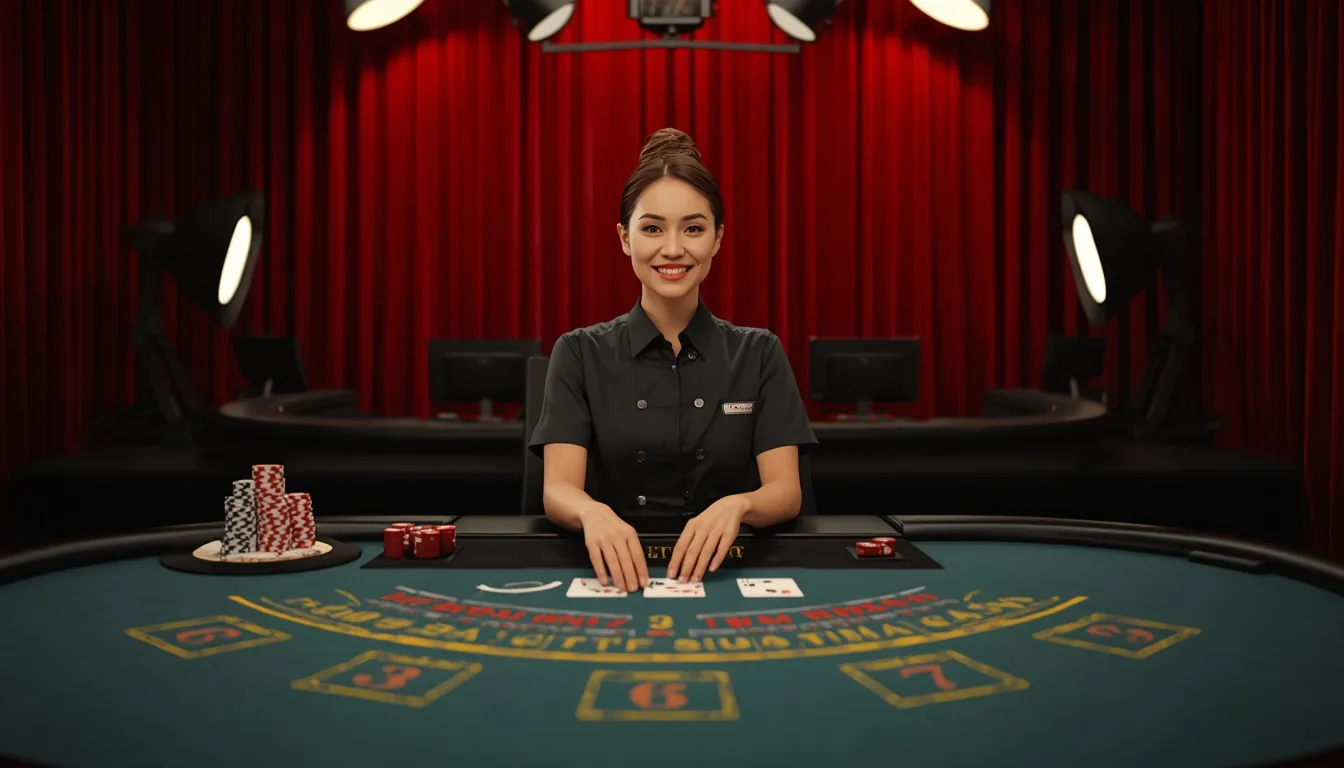 Casino en vivo Caliente — crupier profesional en estudio con cortinas rojas